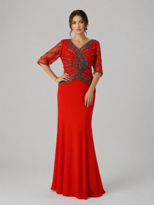 Striped Beaded V-Neck Gala Gown