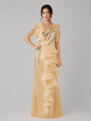 Ruffle Beaded Mesh Evening Dress