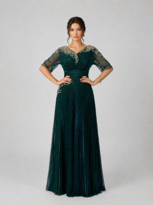 Pleated Beaded Shimmer Gala Gown