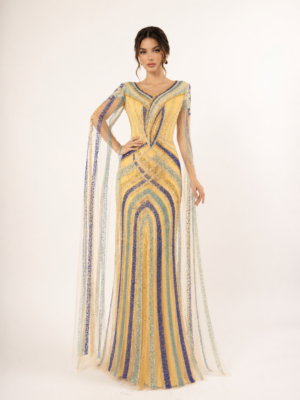 Multicolor Beaded Mermaid Evening Gown with Sheer Cape Sleeves