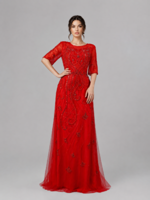 Beaded A-Line Evening Gown with Elbow-Length Sleeves