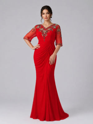 Embellished Ruched Long Mermaid Evening Dress