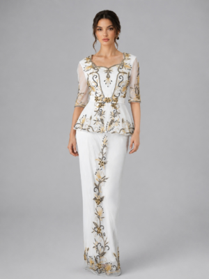 Peplum Mesh Sleeve Beaded Evening Dress
