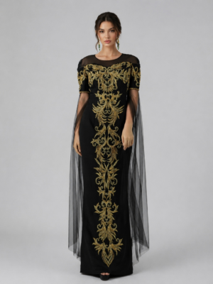 Mesh Cape Embroidered Formal Dress