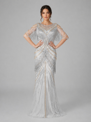 Vintage Fringe Crystal Floor Length Gala Gown
