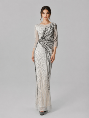 Asymmetric Contrast Beaded Mesh Mermaid Gown