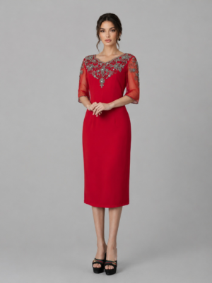 Ornate Rhinestone Half Sleeve Midi Evening Dress