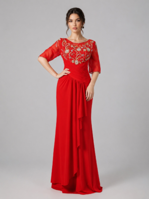 Ruched Waist Rhinestone Floral Formal Gown