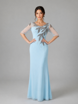 Leaf Beaded Flared Floor Formal Gown