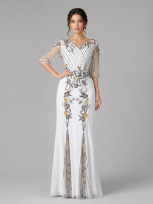 Vine Crystal Embellished Mesh Sleeve Evening Dress