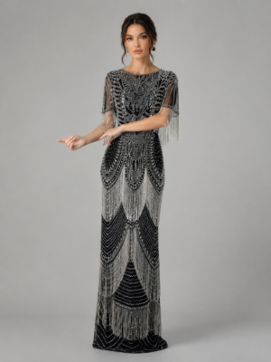 Vintage Fringe Crystal Beaded Long Evening Gown