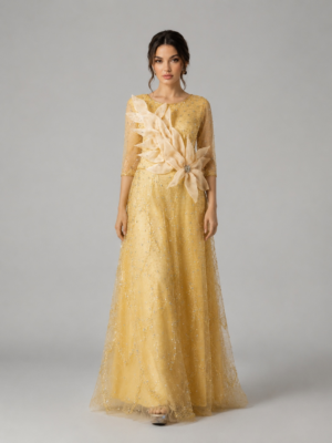 Round Neck Flower Detail Evening Dress