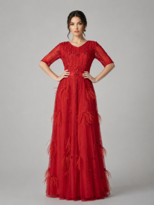 Feather Beaded Floral Long Formal Dress