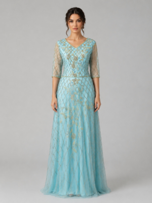 Grid Floral Beaded V-Neck Mesh Evening Gown