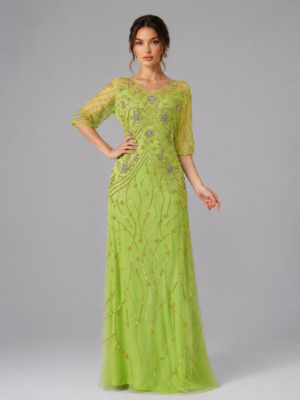 Half Sleeve Rhinestone Tulle Evening Dress
