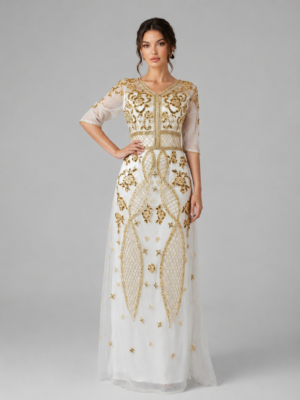 Retro Lattice Floral Beaded Long Dress