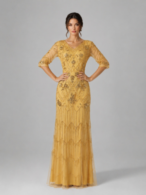 Art Deco Geometric Beaded Long Evening Dress