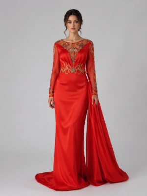 Beaded Long Sleeve Satin Mermaid Evening Dress