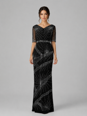 Radiant Pattern Beaded V-Neck Sheath Occasion Gown