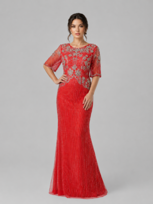 Floral Beaded Elbow Sleeve Mermaid Mesh Evening Gown