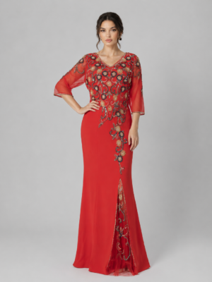 Beaded Flare Sleeve Slit Mermaid Evening Dress