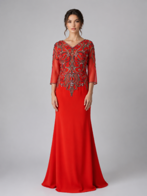 Beaded Mesh Elbow Sleeve Mermaid Formal Dress