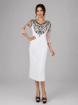 Beaded Floral V-Neck Occasion Midi Dress