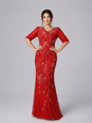 Floral Hand-Beaded Mermaid Evening Formal Gown