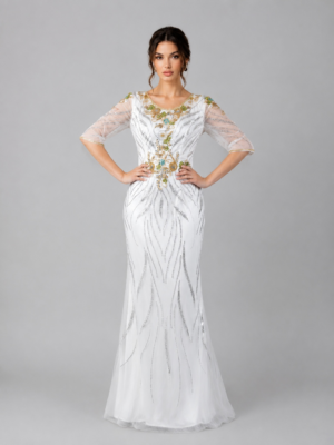 Floral Embellished Streamline Beaded Mermaid Evening Formal Gown