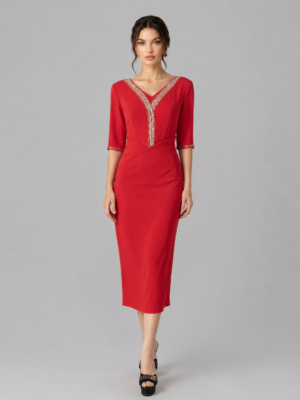 Half Sleeve Rhinestone Detail Formal Midi Dress