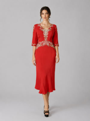 Floral Beaded Midi Flared Evening Gown