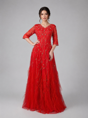 Beaded Feathered A-Line Gown