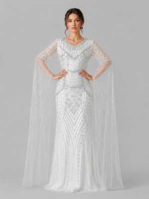 Beaded Cape Sleeve Mermaid Gown