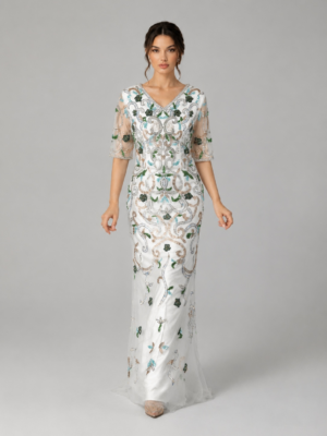 Scroll Pattern Beaded Mermaid Gown