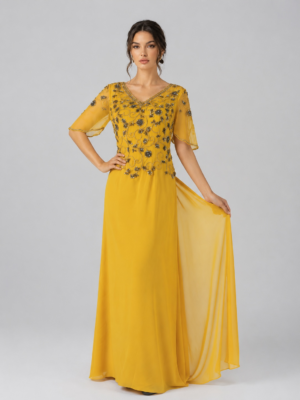 Floral Beaded Flowy Formal Gown
