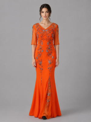 Hand-Beaded Floral Pattern Split Mermaid Formal Long Gown