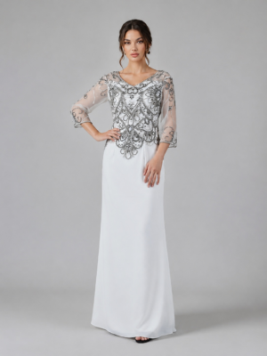 Mesh Sleeve Contrast Beaded Mermaid Evening Gown