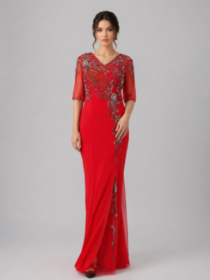 Beaded Floral Split Sheath Formal Gown