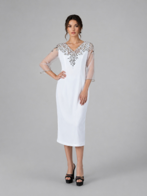 Embellished V-Neck Mesh Sleeve Midi Sheath Dress