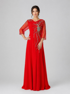 Floor‑Length Beaded Gown with Flared Mesh Sleeves