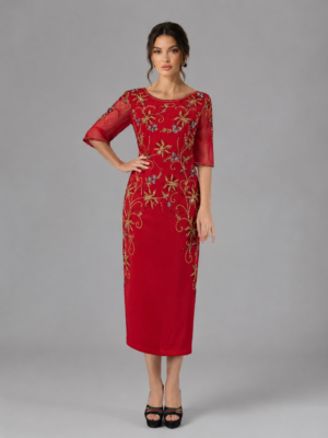 Round Neck Embellished Midi Evening Dress