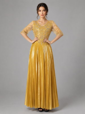Sheer Half Sleeve Rhinestone Pleated Formal Dress