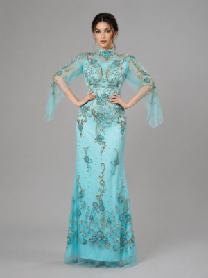Floral Beaded Bell‑Sleeve Formal Maxi Dress
