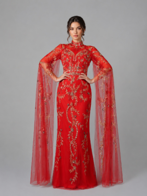 Floral Beaded Cape Sleeve Formal Maxi Dress