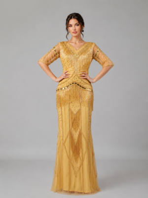 Art‑Deco Beaded Fringe Formal Maxi Dress