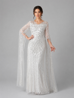 Art‑Deco Cape Sleeve Beaded Formal Dress