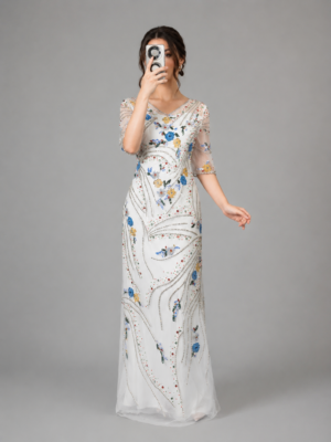 Intricate Floral Linear Beaded Tulle Formal Dress