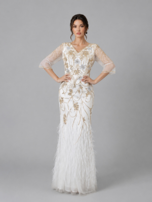 Beaded Feather Mermaid Tulle Long Formal Gown