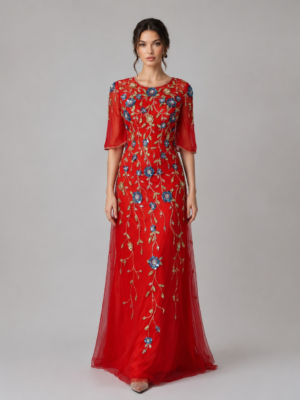 Hand‑Beaded Floral Embroidered Maxi Evening Gown