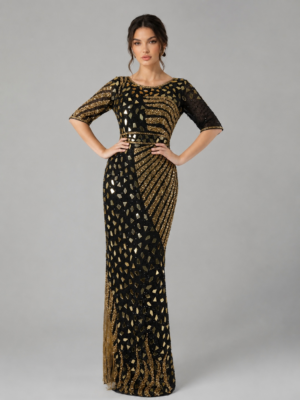 Round Neck Gold Sequin Fringe Mermaid Evening Gown